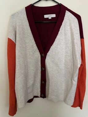LOFT Cream, Burgundy & Orange Colorblock V-Neck Cardigan with buttons